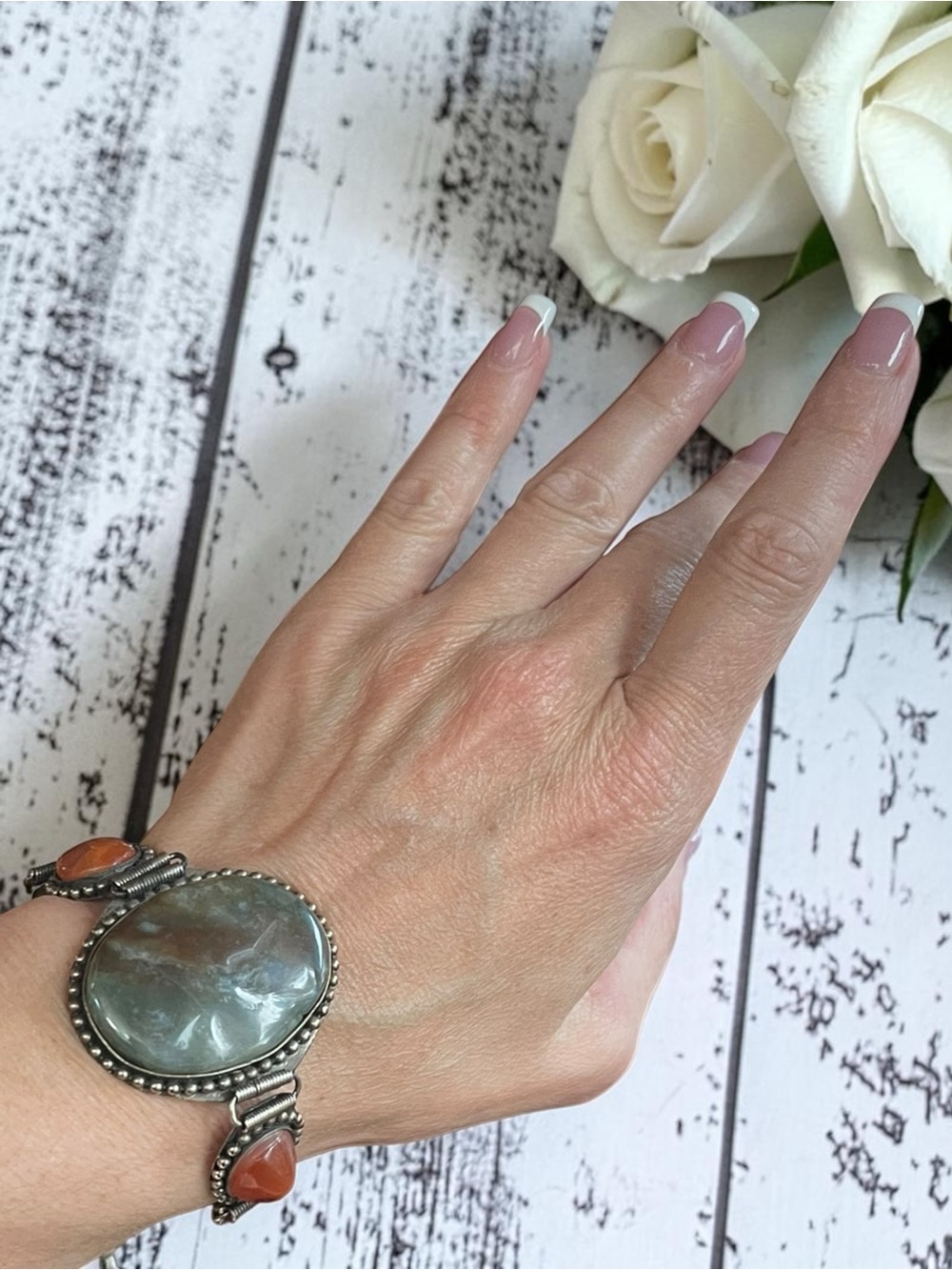 Agate Cabochon Link Silver Tone Bezel Set Statement Bracelet
